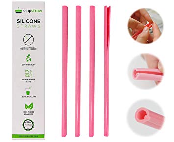 Snapstraw Reusable Silicone Straw - BPA-Free Non-Toxic Openable Straw, Safe for Kids and Toddlers, No Brush Needed (Pink, Set of 4) - Washable Reusable Flexible Collapsible Straw
