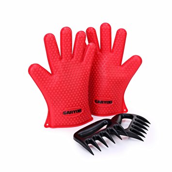 GARYOB Silicone Protective Gloves 1 Pair and 1 Pair of Meat Claws Shredder Heat Resistant for BBQ Grilling Baking Cooking
