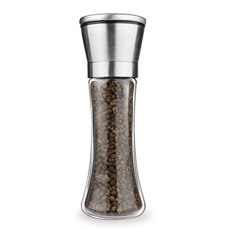Salt or Pepper Mill,Airsspu Brushed Stainless Steel and Strong Long Glass Body Grinder,Adjustable Ceramic Rotor Salt and Pepper Shakers,Top Lid Maintains Spice Freshness