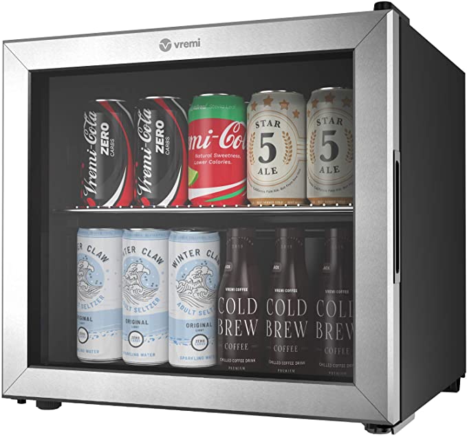 Vremi 1.7 Cubic Feet Beverage Cooler - Double Layered Glass Door Mini Fridge for Can Drinks - with Adjustable Shelves and User Friendly Temperature Knob - Modern Cooling Machine for Home Office Dorm