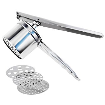 Stainless Steel Potato Ricer with 3 Interchangeable Fineness Discs-Full 5-Year Warranty