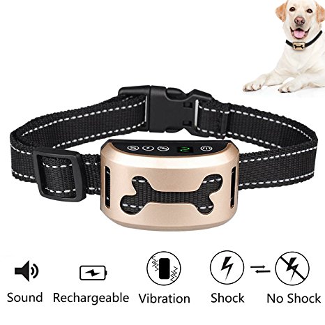 No Bark Collar Rechargeable Dog Barking Control Training Collar with Beep / Vibration / Static Shock Sensitivity Anti Bark Reflective Belt Collar for Dogs Gold By Mibote