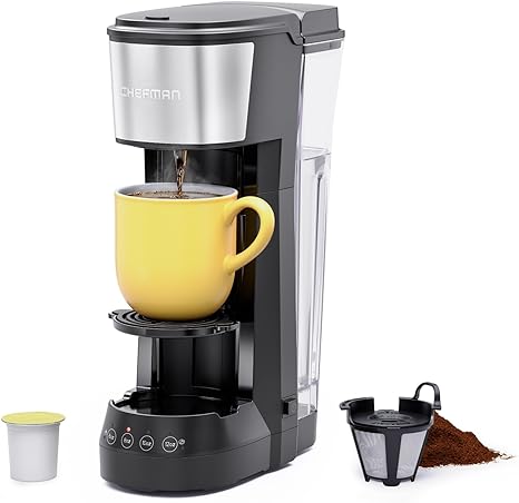 Chefman Single Serve Coffee Maker, K Cup Coffee Machine: Compatible with K-Cup Pods and Ground Coffee, Brew 6 to 12oz Cup Drip Coffee Maker, 40oz Water Reservoir, Cup Lift, Filter Included