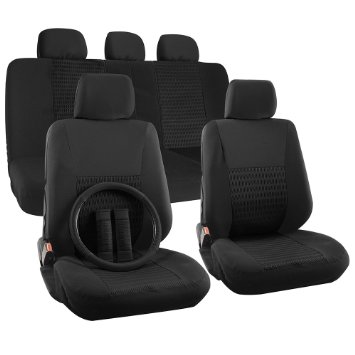 OxGord 17pc Set Flat Cloth Mesh Solid Black Wide Stripe Seat Covers Set - Airbag Compatible - Front Low Back Buckets - 50/50 or 60/40 Rear Split Bench - 5 Head Rests - Universal Fit   Steering Wheel Cover