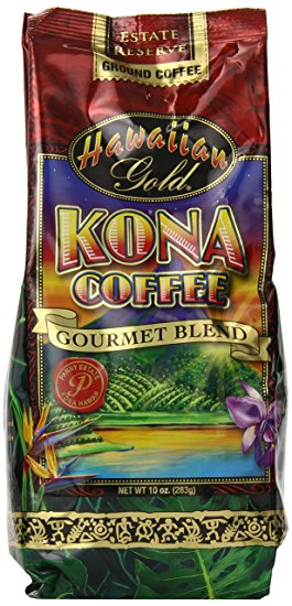 Kona Hawaiian Gold  Kona Coffee, Gourmet Blend Ground Coffee, 10 Ounce