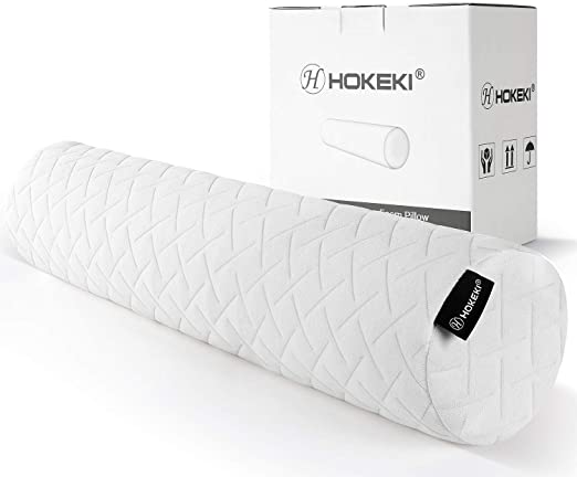 HOKEKI Cervical Bolster Round Pillow and Memory Foam Neck Roll for Neck, Spine, Lumbar Traction, Spondylosis Pain Relief with Washable Coat, 4” Diameter x 18 “Length (White)