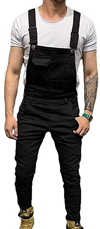 Loliuicca Men's Slim Fit Bib Overalls Washed Jeans Jumpsuit Trousers with Pocket