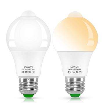 Motion Sensor Light Bulb 5W Dusk to Dawn PIR Built-In Motion Detector Bulbs E26 Base A19 Indoor Outdoor LED Light Bulbs 2700K Soft White 450 Lumens Night Lights 2 Pack by LUXON