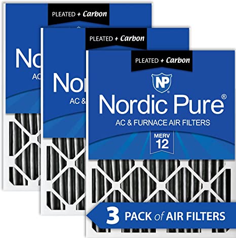 Nordic Pure 20x20x2PM12C-3 Pleated MERV 12 Plus Carbon AC Furnace Filters (3 Pack), 20x20x2"