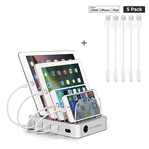 G-Cord Detachable 4 Port USB Charging Station 34W Desktop Docking Station for Smartphones & Tablets  G-Cord Apple MFI Certified 7 inch Lightning Cable (5 Pack) (Silver)