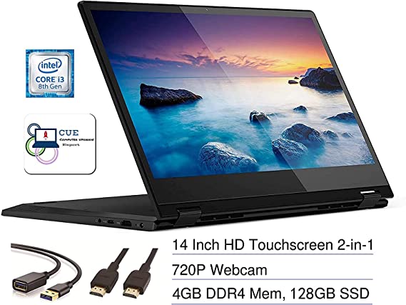 Lenovo Flex 14 2-in-1 Convertible Touchscreen HD Laptop Computer PC, Intel Core i3-8145U, Intel UHD Graphics 620, HDMI, USB-C, Windows 10, CUE Accessories Bundle (4GB DDR4 | 128GB SSD)