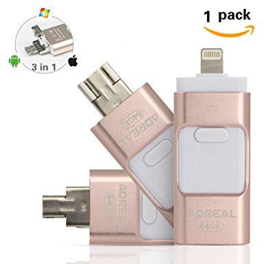 AOREAL 3 in Multi Functions Mobile USB iPhone Flash Drive External Storage Memory Stick with Lightning Connector, Compatible weth PC IOS Android system (Rose Gold 64GB)