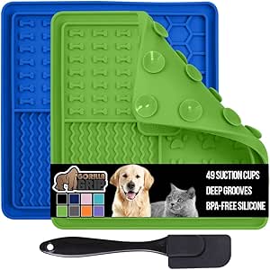 Gorilla Grip Lick Mat for Dogs, Deep Grooves for Dog and Cat Enrichment Toy, Strong Suction Grip, Freezer Safe, BPA Free Silicone Licking Pad for Bath, Grooming, Nail Trimming, Blue Green 2 Pack