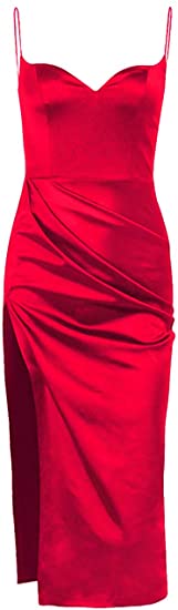 L'VOW Womens Sexy Spaghetti Strap Satin Dress with Split Maxi Evening Cocktail Dresses