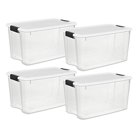 Sterilite 19889804 70 Quart/66 Liter Ultra Latch Box, Clear with a White Lid and Black Latches, 4-Pack