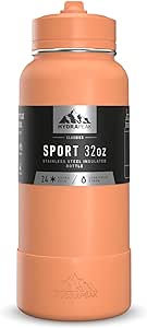 Hydrapeak 32oz Sport Insulated Water Bottle with Straw or Chug Lid, Leak & Spill Proof, Keeps Drinks Cold for 24 Hours, Hot for 12 Hours, Premium Stainless Steel Water Bottles (32oz, Apricot Crush)