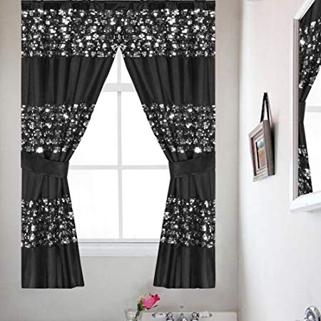 Popular Bath Sinatra Sequin Window Curtain with Tiebacks, Black, 36x54 Inches