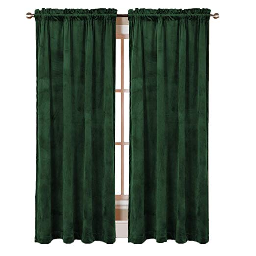 ComforHome Solid Soft Velvet Window Curtain Rod Pocket Drapes Dark Green,52 inch by 108 inch (2 Panels)