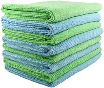 SecurOMax Thick Microfiber Cloth Towels (8 Pack) for Streak & Lint Free Household Cleaning, Dusting, Washing & Wiping - Large Size 16x16 Inches - 4 Blue   4 Green (330 GSM)