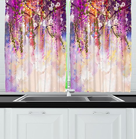 Ambesonne Kitchen Decor Collection, Floral Country Style Watercolor Painted Effect Japanese Garden Flowers Rain Backdrop, Window Treatments for Kitchen Curtains 2 Panels, 55X39 Inches, Purple Violet