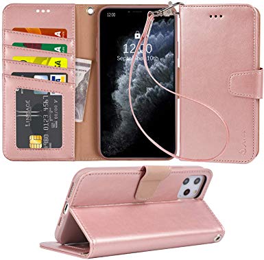 Arae Case for iPhone 11 Pro PU Leather Wallet Case Cover [Stand Feature] with Wrist Strap and [4-Slots] ID&Credit Cards Pocket for iPhone 11 Pro 5.8 inch 2019 Released - Rosegold