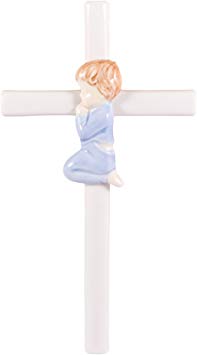 Praying Blue in Blue 7.5 Inch Hand-Painted Glazed White Porcelain Wall Cross