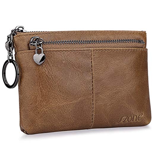 S-ZONE Women's Genuine Leather Triple Zipper Small Wallet Change Coin Purse Card Holder with Key Ring