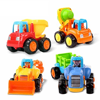 Early Education 1 Year Olds Baby Toy Push and Go Friction Powered Car Toys Sets of 4 Tractor, Bulldozer, Mixer Truck and Dumper for Children & Kids Boys and Girls