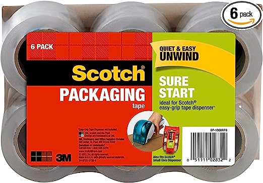 Scotch Sure Start Shipping Tape, 1.5" Core, 1-7/8" x 25 Yd., Pack Of 6 Tapes