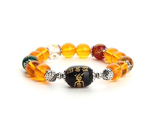 Feng Shui Citrine Gem Stone Wealth Porsperity Bracelet with Dragon, White Tiger, Suzaku, Basalt Beads , Attract Wealth and Good Luck, Deluxe Gift Box Included