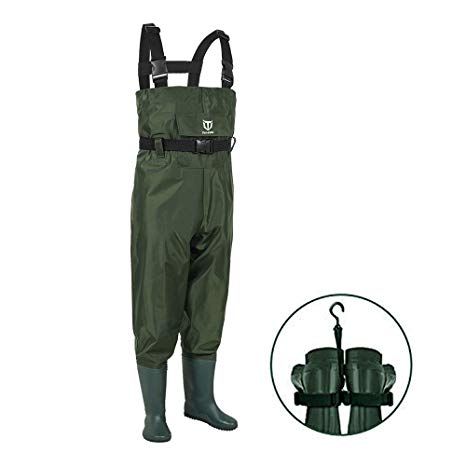 TideWe Chest Waders for Kids, Waterproof Youth Waders with Boot Hanger, Lightweight Durable PVC Kids Chest Waders with Boot for Fishing & Hunting (Green)