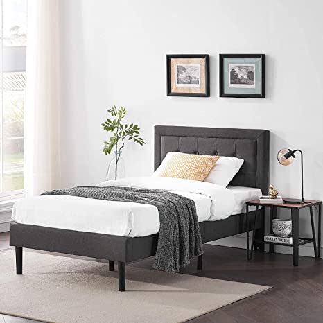 VECELO Twin Size Platform Bed Frame with Adjustable Headboard, Mattress Foundation / Strong Slat Support / No Box Spring Needed , Dark Grey