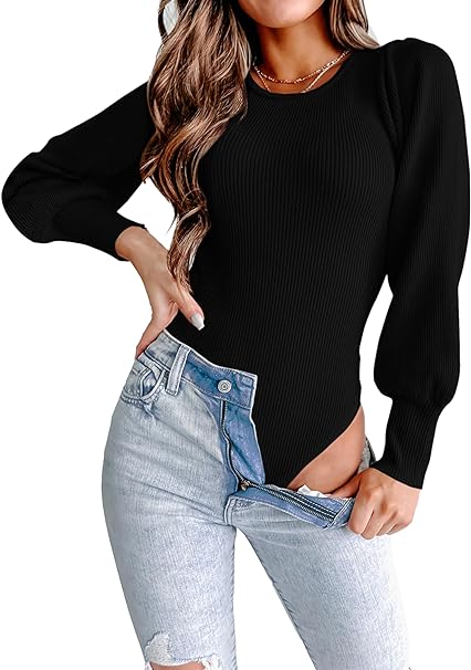 MASCOMODA Long Puff Sleeve Sweaters for Women 2023 Fall Winter Crewneck Knit Ribbed Bodysuit Pullover Tops