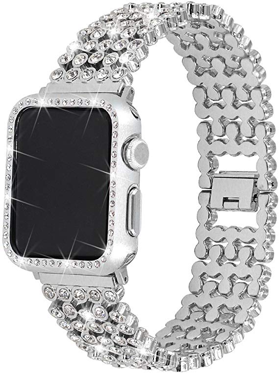 Rhinestones Bands with Diamond Face Cover for Women Men, Falandi Bling Stainless Steel Replacement Wristband for Apple Watch Series 3, Series 2, Series 1, iWatch Nike  Sport Edition (Silver, 42mm)