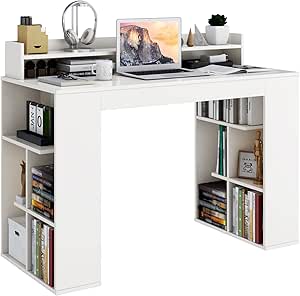 COSTWAY Bureau d'Ordinateur avec Bibliothèque, Bureau Informatique avec 10 Étagères de Rangement Ouvertes et Étagère pour Moniteur, Table d'Ordinateur pour Chambre, Studio, 120 x 54 x 90 cm, Blanc