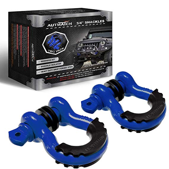 AUTMATCH Shackles 3/4" D Ring Shackle (2 Pack) 41,887Ib Break Strength with 7/8" Screw Pin and Shackle Isolator & Washers Kit for Tow Strap Winch Off Road Towing Jeep Vehicle Recovery Blue