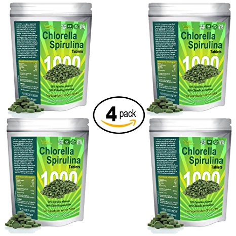 Chlorella Spirulina 50/50-Mega-pack 1000 Tablets! Best organic raw non-GMO Green Superfood (4-Pack)