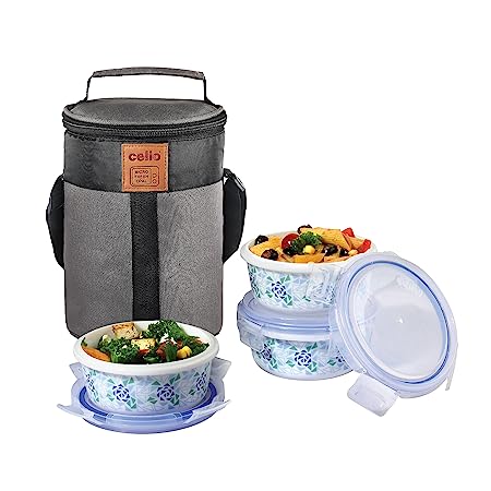 Cello Mosaic Rose Opalware Lunch Box with Jacket, 3 Containers Lunch Box, 300ml