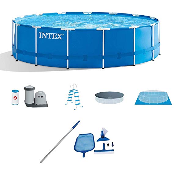 Intex 15' x 48" Metal Frame Above Ground Swimming Pool Set w/Pump Cover LadderIntex Cleaning Maintenance Swimming Pool Kit w/Vacuum Skimmer & Pole | 28002E