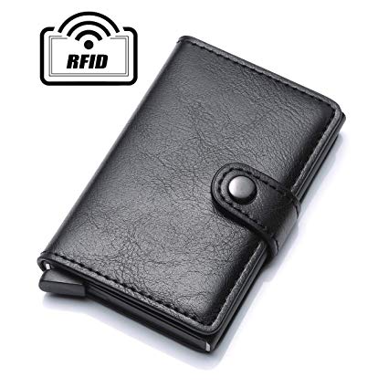 Credit Card Holder RFID Blocking Wallet Slim Wallet PU Leather Vintage Aluminum Business Card Holder Automatic Pop-up Men and Women Card Case Wallet EDC（Black）