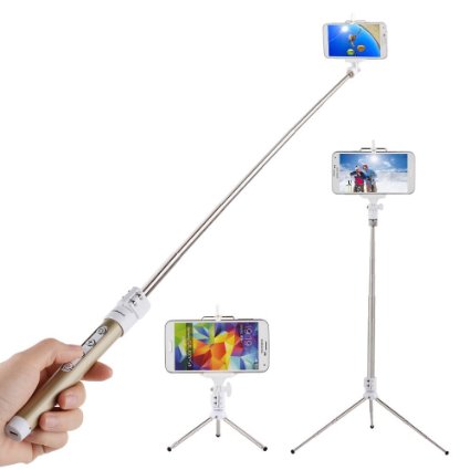 Selfie Stick ,Ecandy Extendable Wireless Bluetooth Monopod Selfie Stick Self Portrait Video Built-in Remote Shutter Button with Tripod Stand and Zoom In/Out Button for Samsung Galaxy S5 S4 S3 S2 Note 4 3 2, iPhone 6 6 Plus 5s 5c 5 4s 4, HTC One M8 M7 X, Google Nexus, Sony Xperia Z3 Z2 and Other Android Phones,Gold