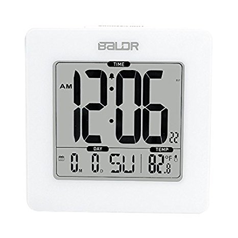 BALDR Atomic Digital Alarm Clock, Displays Time, Date, and Indoor Temperature, Blue Backlight, White Frame