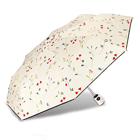 Cuby UV Sun Umbrella Compact Folding Travel Umbrella Auto Open and Close for Windproof, Rainproof & 99% UV Protection Parasol with Black Anti-UV Coating (White handle)