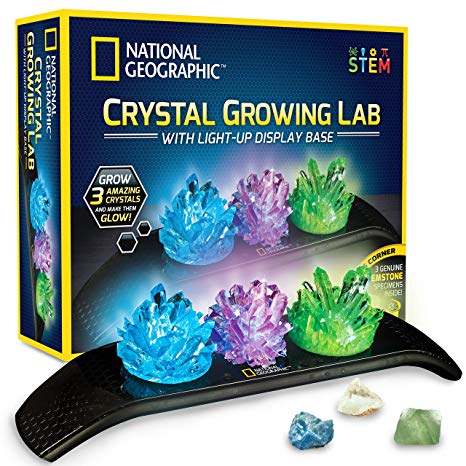 National Geographic Crystal Growing Kit - 3 Vibrant Colored Crystals to Grow with Light-Up Display Stand & Guidebook, Includes 3 Real Gemstone Specimens Including a Geode & Green Fluorite