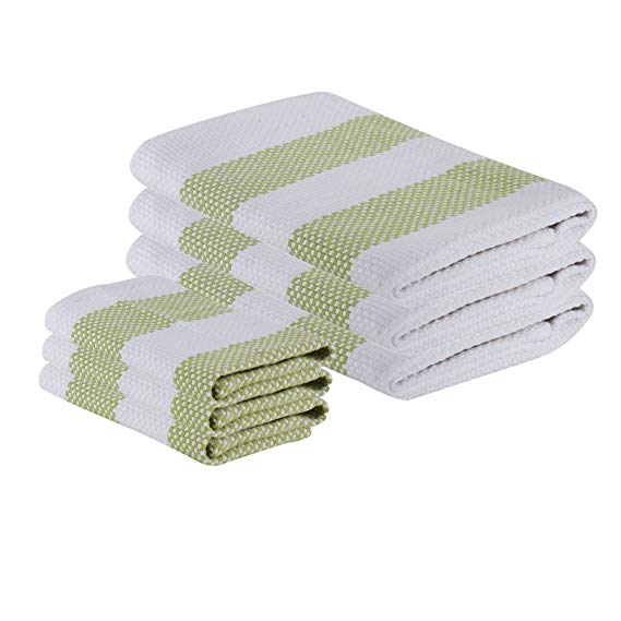 The Weaver's Blend Set of 3 Kitchen Towels + 3 Dish Cloths, Basket Weave, 100% Cotton, Absorbent, Size 28”x18” and 12’x12”, Green Stripe,Kitchen Towels and Dish Cloths by