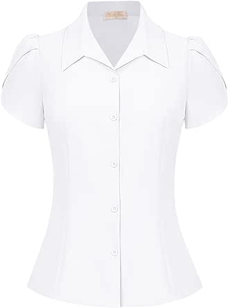 Belle Poque Summer Short Sleeve Button Down Blouse for Women V Neck Vintage Business Casual Shirts Tops