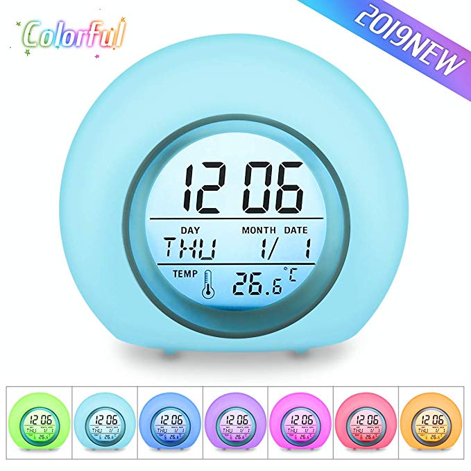 OUTERDO Kids Alarm Clock, Children's Light Alarm Clock for Bedrooms, 7 Color Changing Bedside Clock for Boys Girls,with Indoor Temperature, Touch Control and Snoozing(Blue)