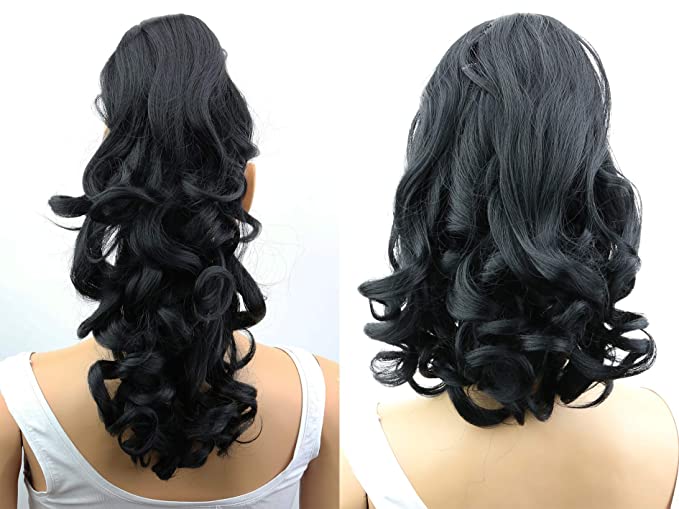PRETTYSHOP 16" OR 20" Hair Piece Clip On Pony Tail Extension 2 IN 1 Curled Wavy Heat-Resisting jet black #1 H1-2