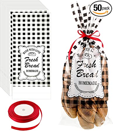 Plastic Bread Bags with 1 Roll Tie Ribbon Large Transparent Clear Bakery Bags Buffalo Plaid Grocery Christmas Bread Bags for Homemade Bread Daily Use, 18 x 8 Inch (50 Pieces)