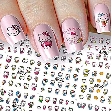 12 Sheets hello kitty nail stickers Cat Nail Art Decorations Stickers for Kids, Cat Dog Rabbit Nail Stickers 3D Self-Adhesive Summer Nail Decals Wraps for Little Girls Kids Women